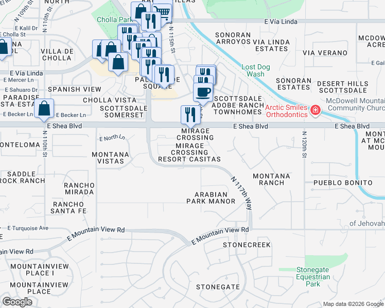 map of restaurants, bars, coffee shops, grocery stores, and more near 11500 East Cochise Drive in Scottsdale