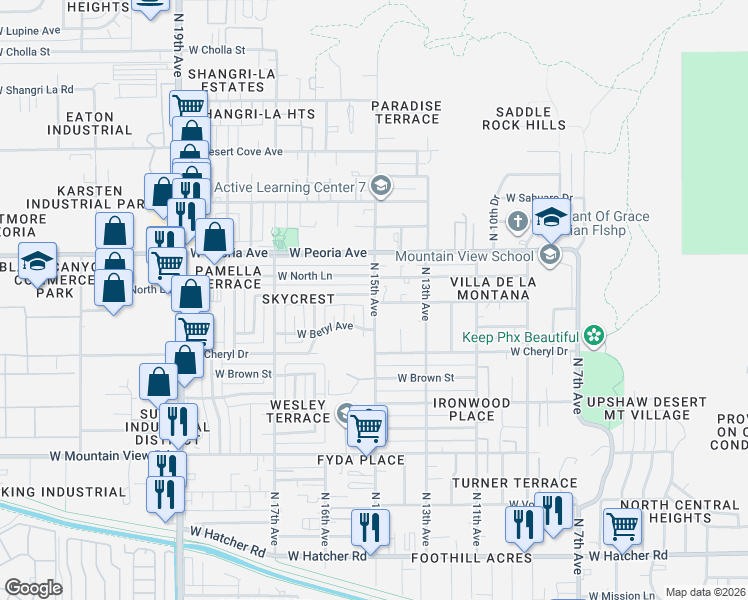 map of restaurants, bars, coffee shops, grocery stores, and more near 1517 West Cochise Drive in Phoenix