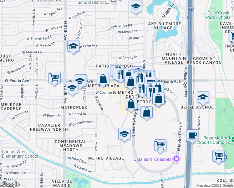 map of restaurants, bars, coffee shops, grocery stores, and more near 3131 West Cochise Drive in Phoenix