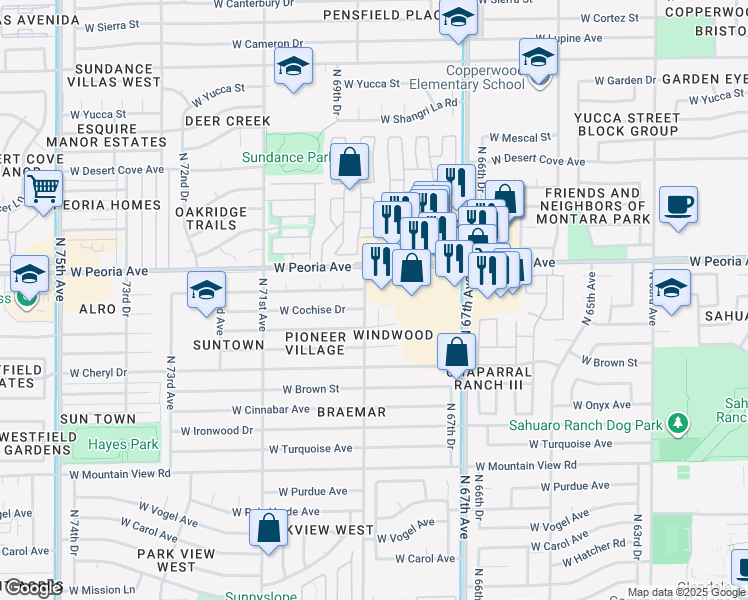 map of restaurants, bars, coffee shops, grocery stores, and more near 6901 West North Lane in Peoria