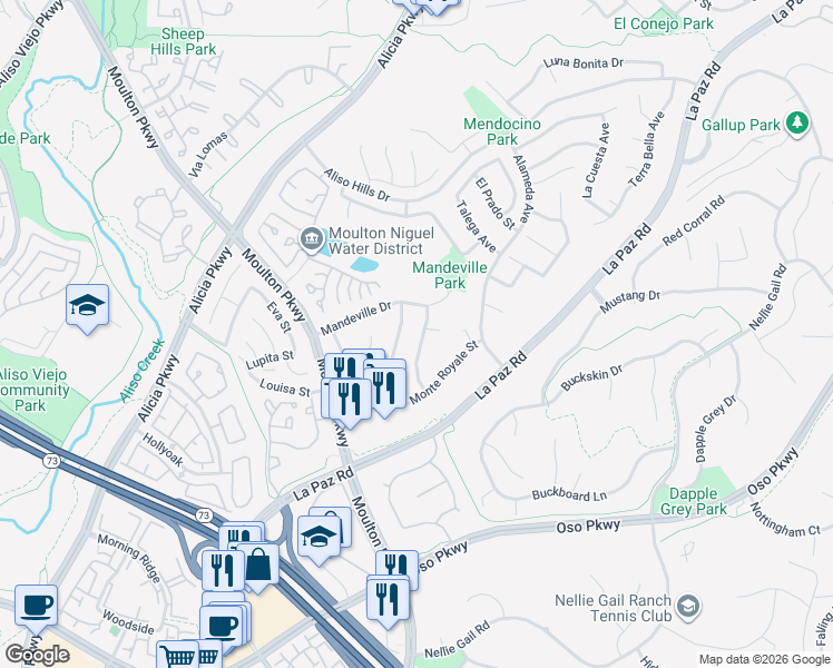 map of restaurants, bars, coffee shops, grocery stores, and more near 24702 Las Alturas Court in Laguna Hills
