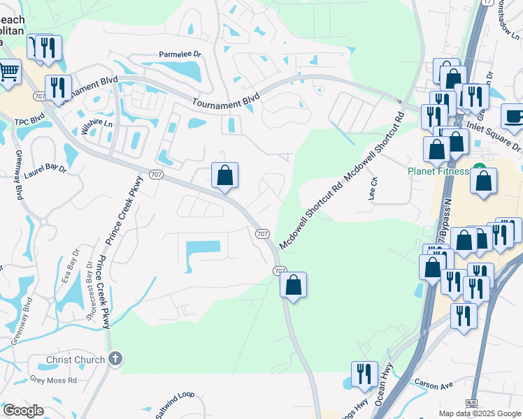 map of restaurants, bars, coffee shops, grocery stores, and more near 12287 South Carolina 707 in Murrells Inlet