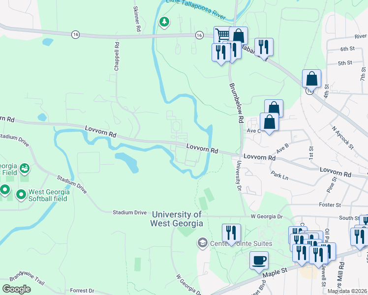 map of restaurants, bars, coffee shops, grocery stores, and more near 980-968 Lovvorn Road in Carrollton