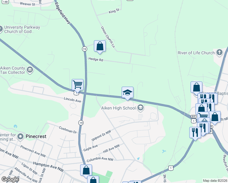 map of restaurants, bars, coffee shops, grocery stores, and more near 134-202 Rutland Drive in Aiken