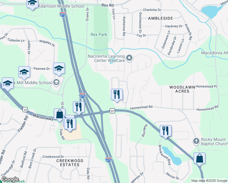 map of restaurants, bars, coffee shops, grocery stores, and more near 6332 Ellenwood Drive in Rex