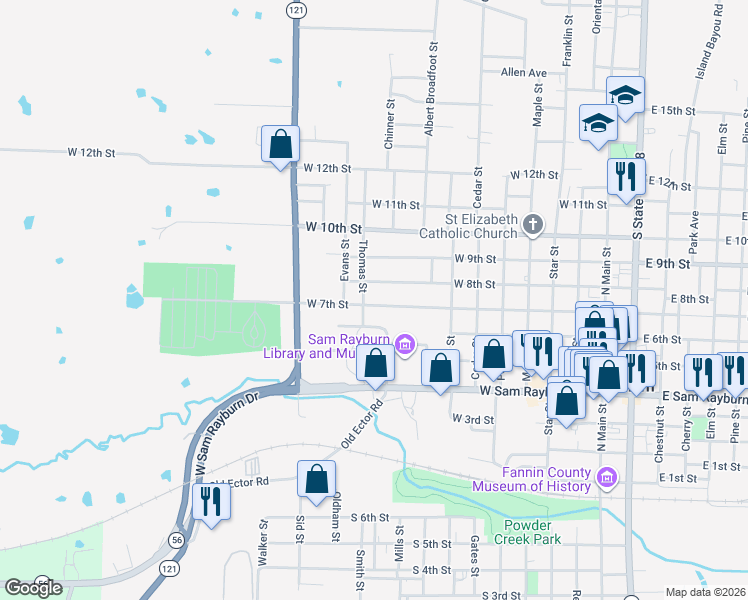 map of restaurants, bars, coffee shops, grocery stores, and more near 904 West 7th Street in Bonham