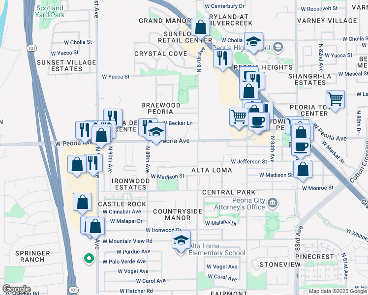 map of restaurants, bars, coffee shops, grocery stores, and more near 8757 West Peoria Avenue in Peoria