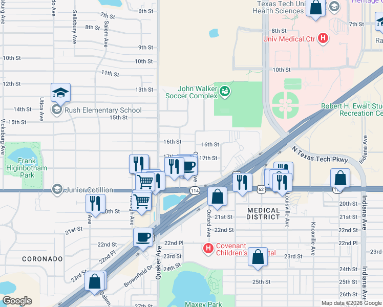map of restaurants, bars, coffee shops, grocery stores, and more near 4202 17th Street in Lubbock