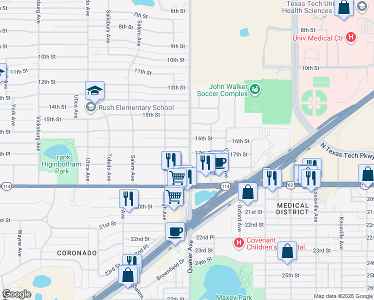 map of restaurants, bars, coffee shops, grocery stores, and more near in Lubbock