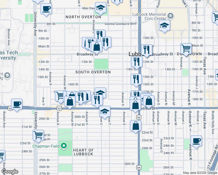map of restaurants, bars, coffee shops, grocery stores, and more near 1915 16th Street in Lubbock