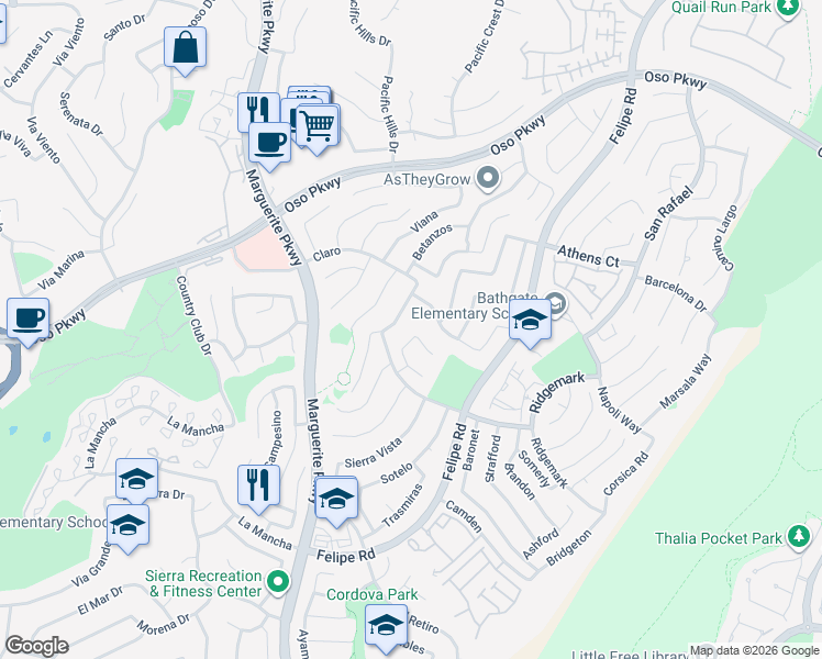 map of restaurants, bars, coffee shops, grocery stores, and more near 27325 Celanova in Mission Viejo