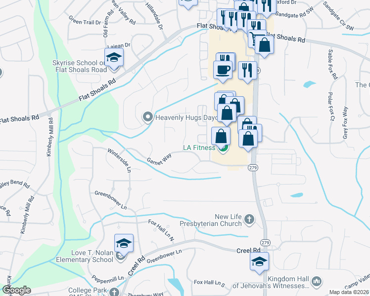 map of restaurants, bars, coffee shops, grocery stores, and more near 2905 Garnet Way in College Park