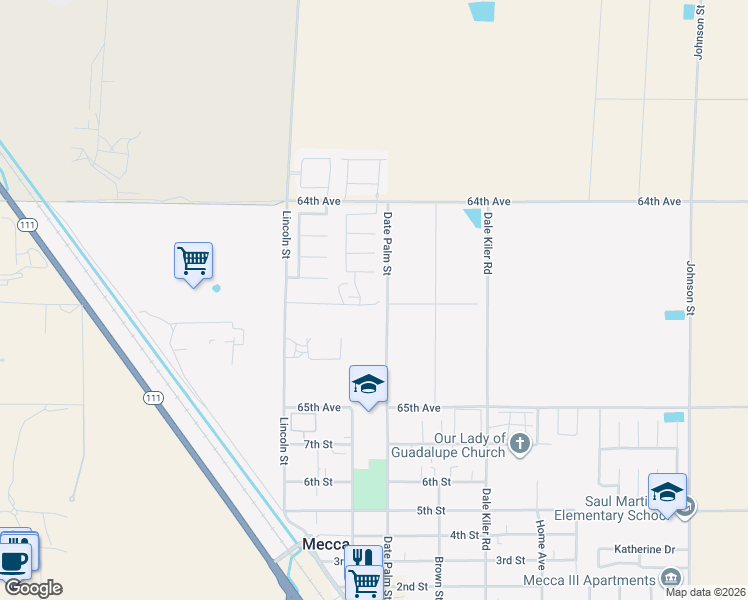 map of restaurants, bars, coffee shops, grocery stores, and more near 91163 Painted Canyon Court in Mecca