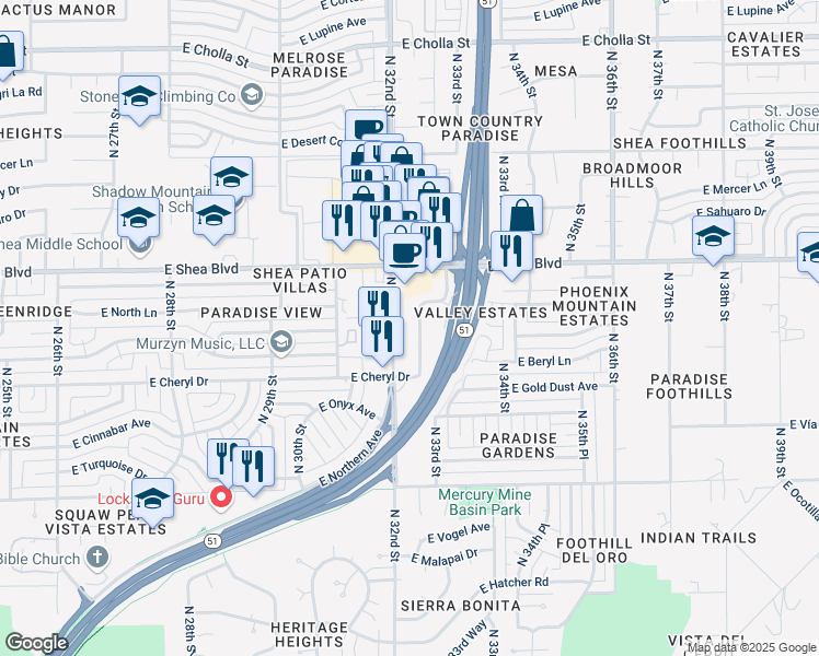 map of restaurants, bars, coffee shops, grocery stores, and more near 10255 North 32nd Street in Phoenix