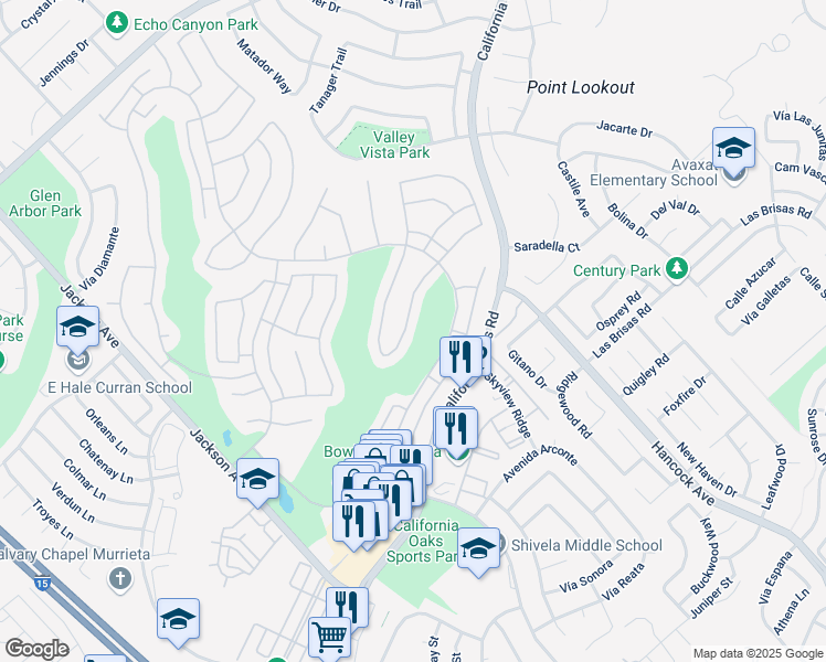 map of restaurants, bars, coffee shops, grocery stores, and more near 40260 Vía Tonada in Murrieta