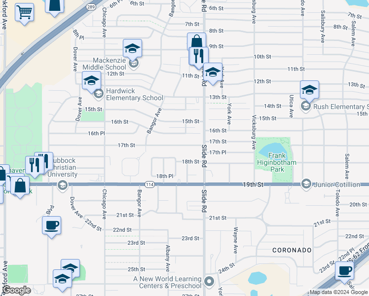 map of restaurants, bars, coffee shops, grocery stores, and more near 5207 17th Street in Lubbock