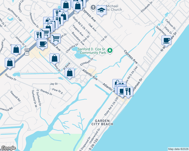 map of restaurants, bars, coffee shops, grocery stores, and more near 314 Atlantic Avenue in Murrells Inlet