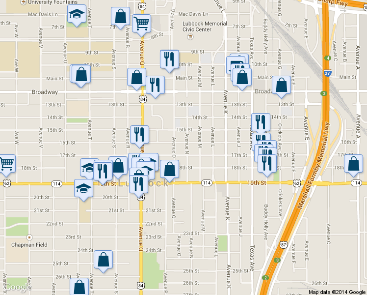 map of restaurants, bars, coffee shops, grocery stores, and more near 1608 Avenue North in Lubbock