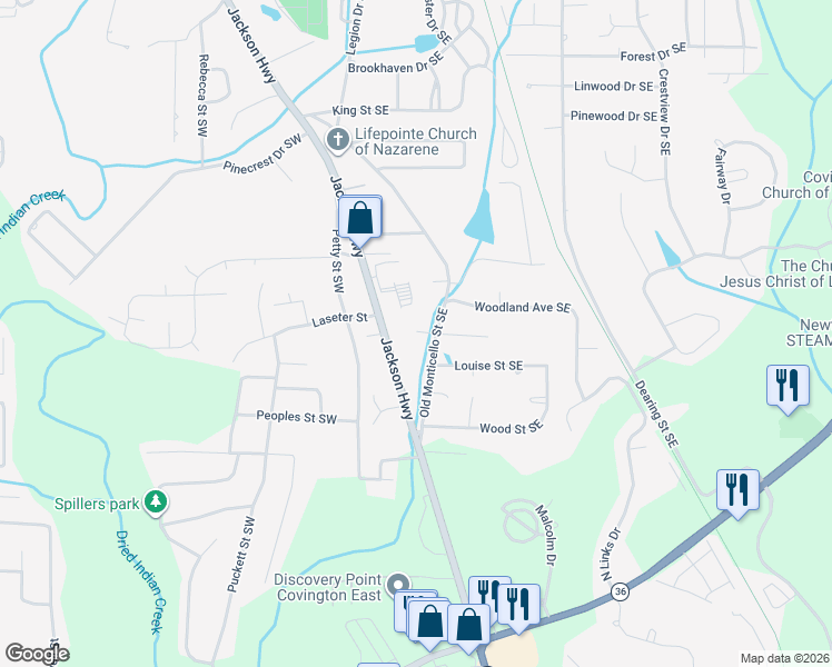 map of restaurants, bars, coffee shops, grocery stores, and more near 7149 Old Monticello Street Southeast in Covington