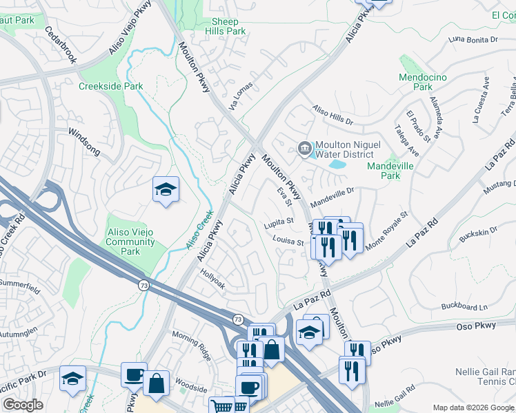 map of restaurants, bars, coffee shops, grocery stores, and more near 26342 Yolanda Street in Laguna Hills