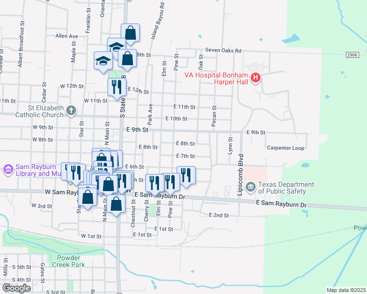 map of restaurants, bars, coffee shops, grocery stores, and more near 620 East 8th Street in Bonham
