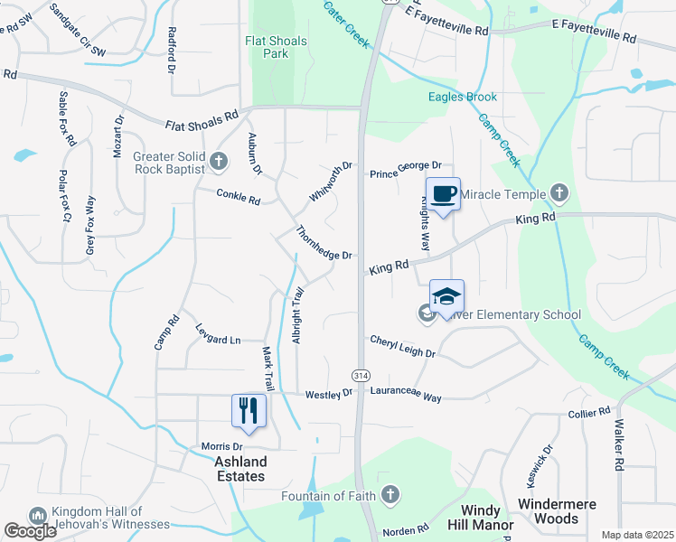 map of restaurants, bars, coffee shops, grocery stores, and more near 6412 Albright Trail in Riverdale