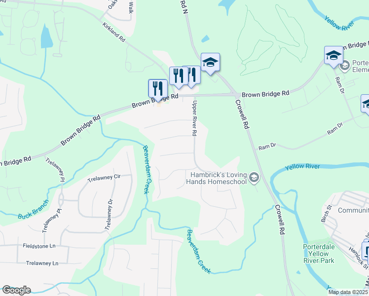 map of restaurants, bars, coffee shops, grocery stores, and more near 30 Beaverdam Ln in Covington