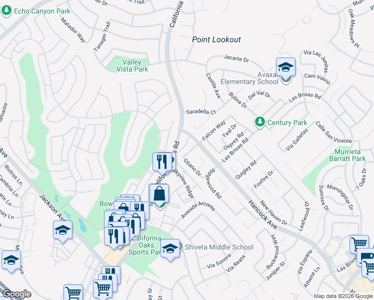 map of restaurants, bars, coffee shops, grocery stores, and more near 40065 Festival Road in Murrieta