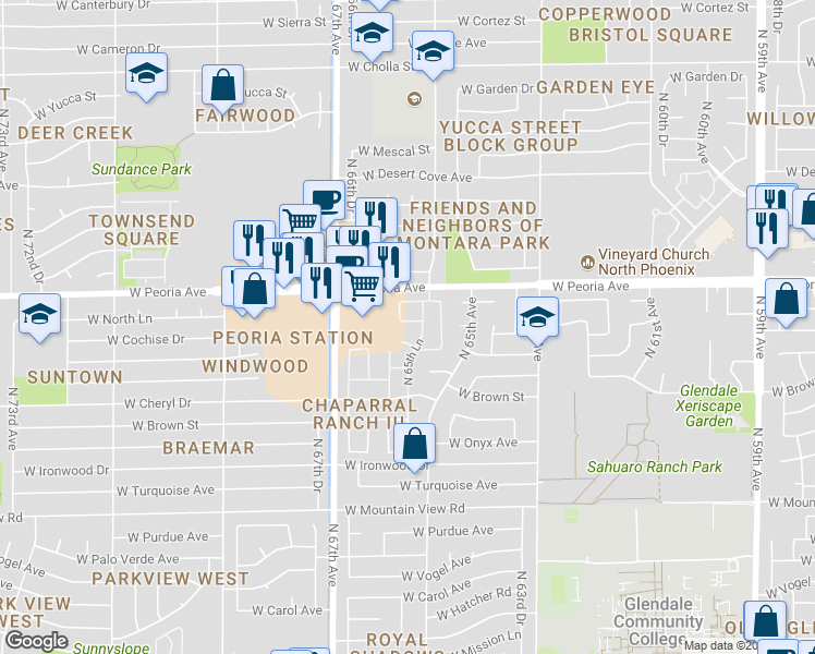 map of restaurants, bars, coffee shops, grocery stores, and more near 6547 West Cochise Drive in Glendale