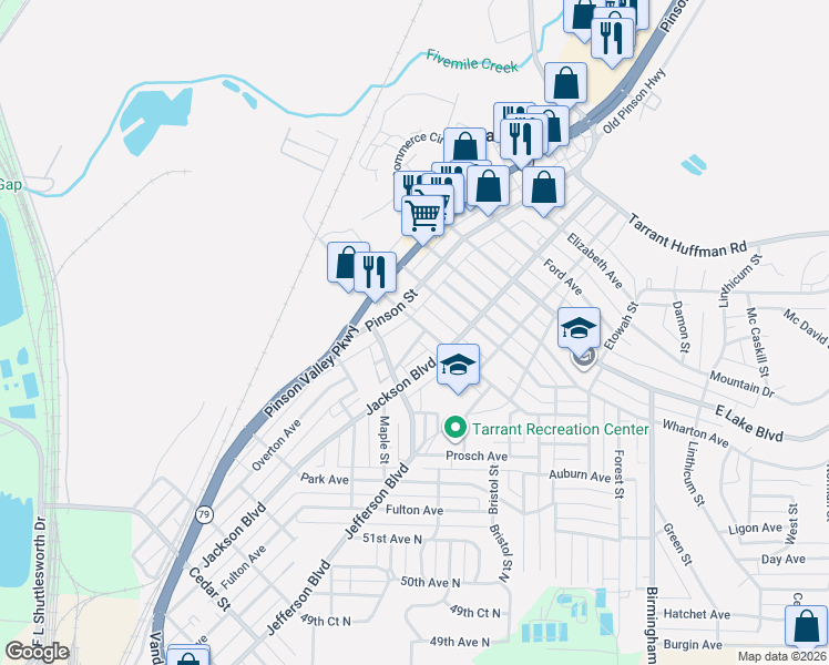 map of restaurants, bars, coffee shops, grocery stores, and more near 1220 Finley Street in Birmingham