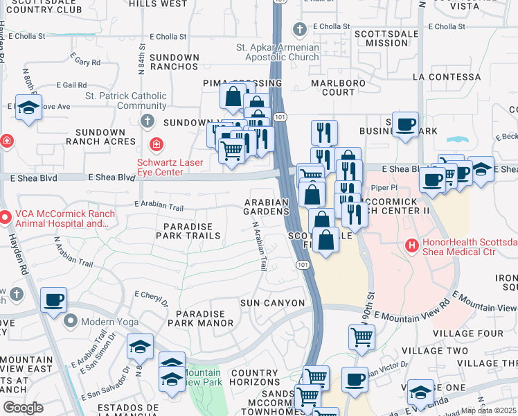 map of restaurants, bars, coffee shops, grocery stores, and more near 10495 North 87th Place in Scottsdale
