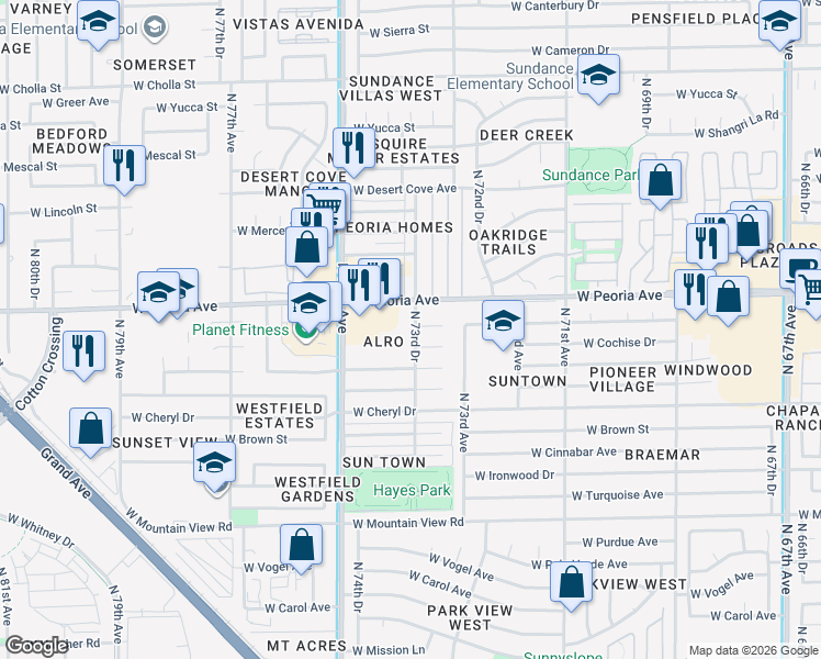 map of restaurants, bars, coffee shops, grocery stores, and more near 10486 North 73rd Drive in Peoria