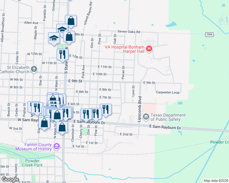 map of restaurants, bars, coffee shops, grocery stores, and more near 802 East 8th Street in Bonham
