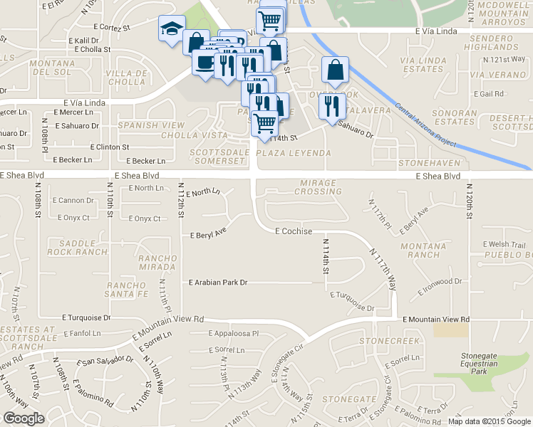 map of restaurants, bars, coffee shops, grocery stores, and more near Mirage Crossing Condominiums in Scottsdale