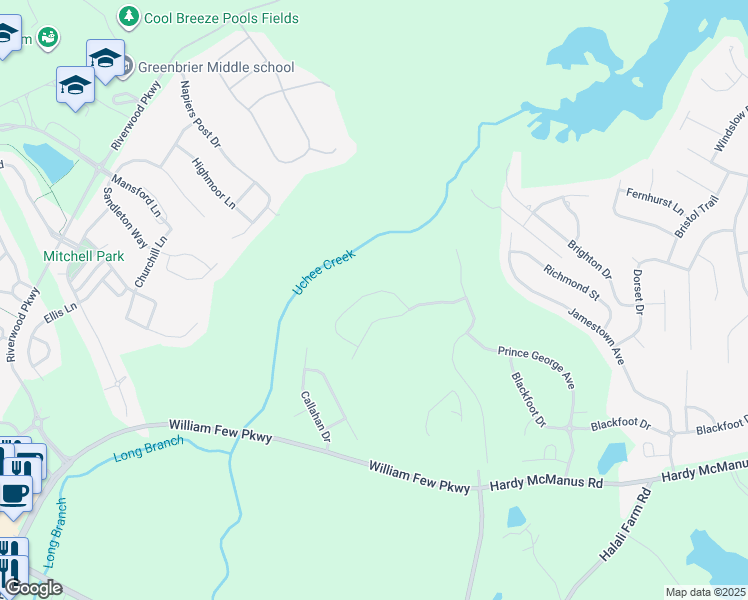map of restaurants, bars, coffee shops, grocery stores, and more near 1018 Spotswood Circle in Evans