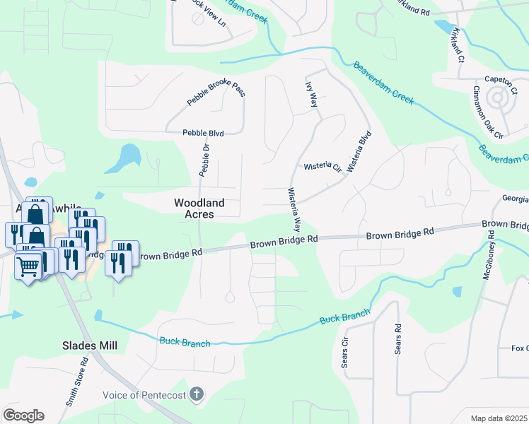 map of restaurants, bars, coffee shops, grocery stores, and more near 20 Wisteria Boulevard in Covington