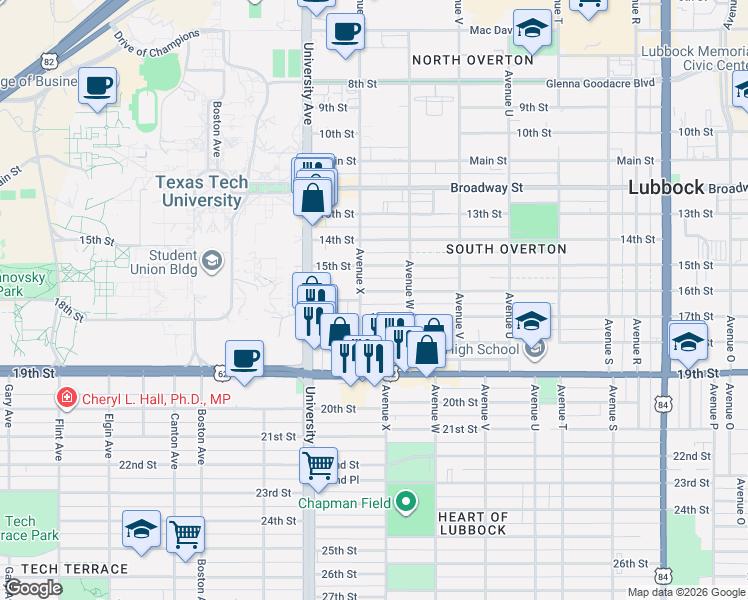 map of restaurants, bars, coffee shops, grocery stores, and more near 2319 16th Street in Lubbock