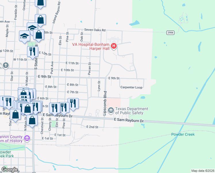 map of restaurants, bars, coffee shops, grocery stores, and more near 718 Lipscomb Street in Bonham