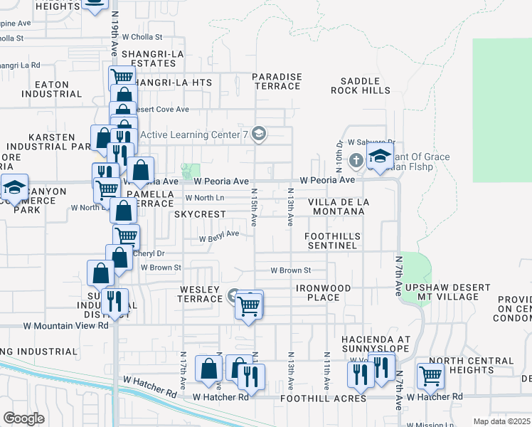 map of restaurants, bars, coffee shops, grocery stores, and more near 1424 West Cochise Drive in Phoenix