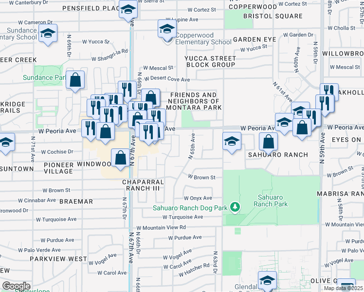 map of restaurants, bars, coffee shops, grocery stores, and more near 10325 N 65th Dr in Glendale