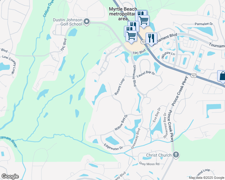 map of restaurants, bars, coffee shops, grocery stores, and more near 624 Misty Hammock Drive in Murrells Inlet