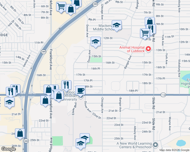 map of restaurants, bars, coffee shops, grocery stores, and more near 5513 17th Street in Lubbock