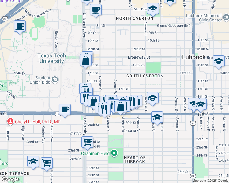 map of restaurants, bars, coffee shops, grocery stores, and more near 1608 Avenue West in Lubbock