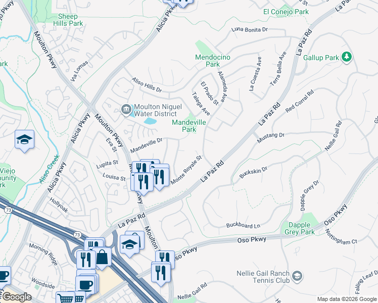 map of restaurants, bars, coffee shops, grocery stores, and more near 24702 Las Alturas Court in Laguna Hills