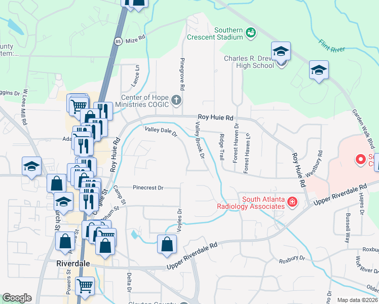 map of restaurants, bars, coffee shops, grocery stores, and more near 6396 Valley Dale Drive in Riverdale