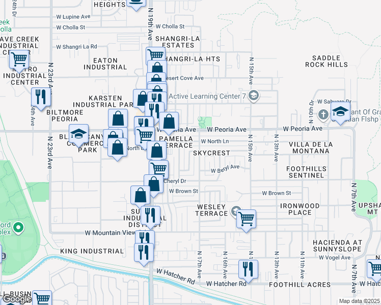 map of restaurants, bars, coffee shops, grocery stores, and more near 10255 North 17th Drive in Phoenix