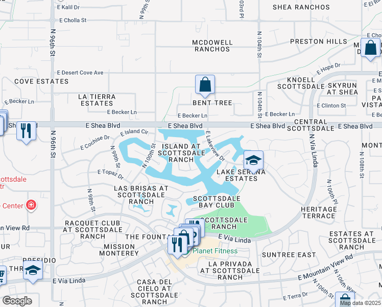 map of restaurants, bars, coffee shops, grocery stores, and more near 10407 North 101st Place in Scottsdale