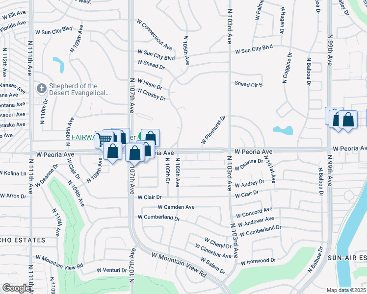 map of restaurants, bars, coffee shops, grocery stores, and more near 10438 West Peoria Avenue in Sun City