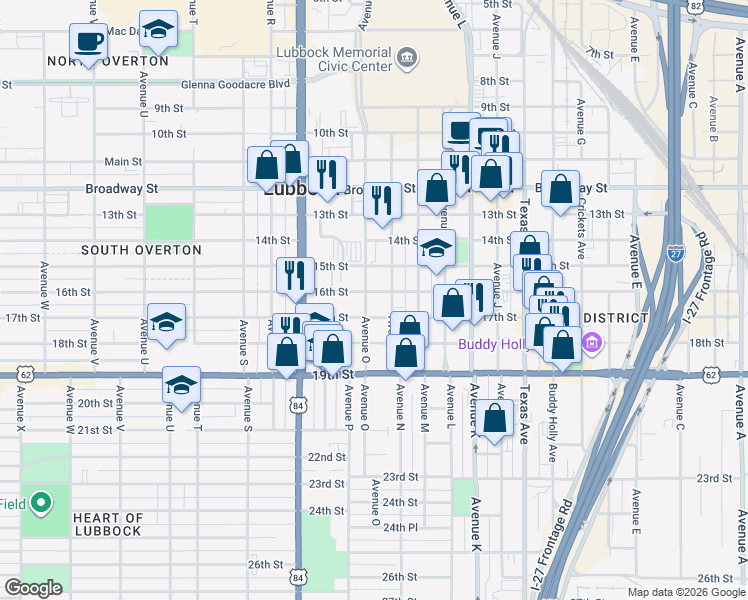 map of restaurants, bars, coffee shops, grocery stores, and more near 1608 Avenue North in Lubbock