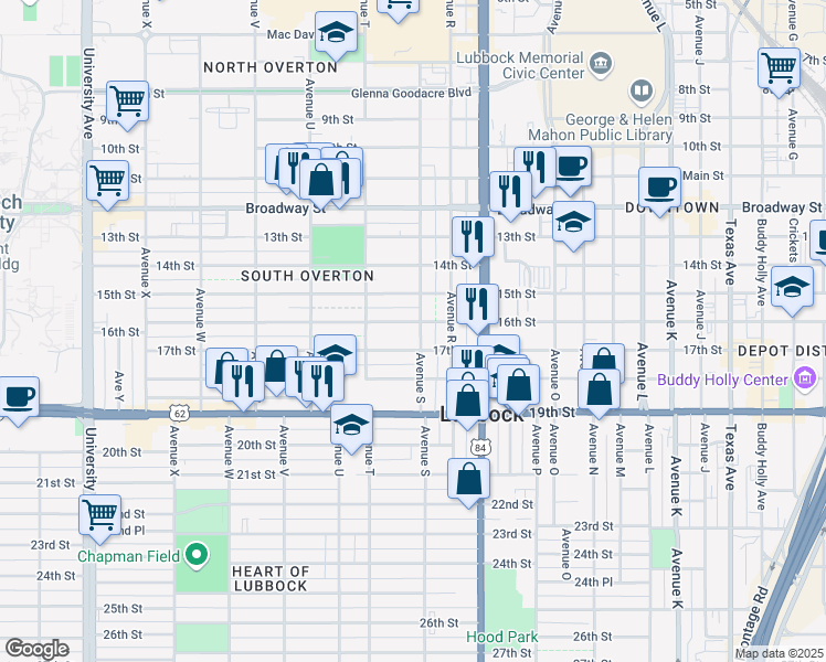 map of restaurants, bars, coffee shops, grocery stores, and more near 1603 Avenue S in Lubbock